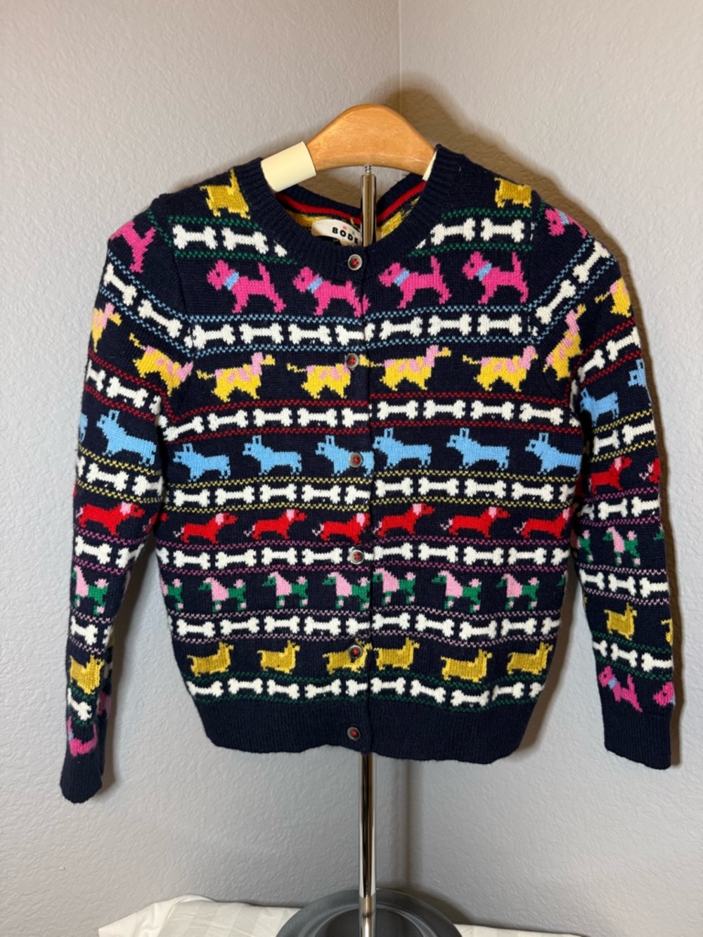Mini Boden Girls Edie Fair Isle Cardigan Navy Multi Dogs Sweater Size 7-8Y
